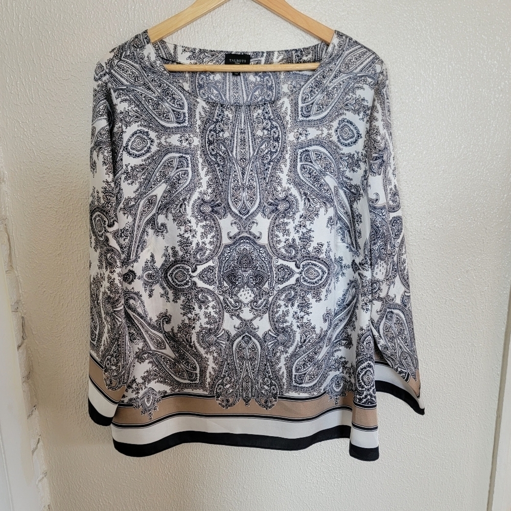 Talbots Satin Paisley Print Round Neck Blouse sz 20W Black White - Picture 2 of 13